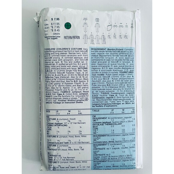 Toddler Tiger Dragon Bat Shark Halloween Costume Sewing Pattern 6386 Sz S-M CUT - Picture 2 of 2